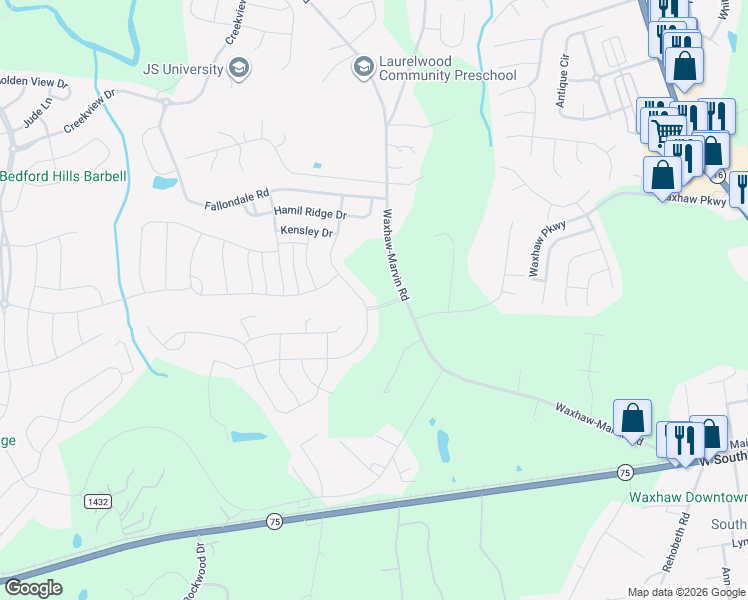 map of restaurants, bars, coffee shops, grocery stores, and more near 5009 Oakmere Road in Waxhaw
