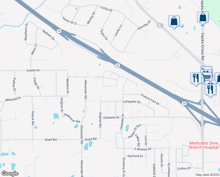 map of restaurants, bars, coffee shops, grocery stores, and more near 4745 Chatelet Drive in Olive Branch