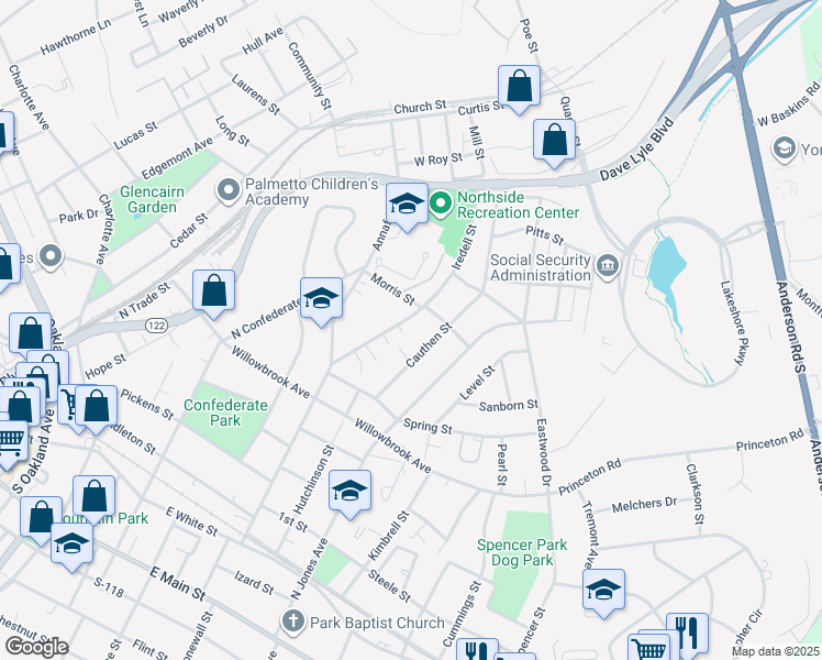map of restaurants, bars, coffee shops, grocery stores, and more near 824 Iredell Street in Rock Hill