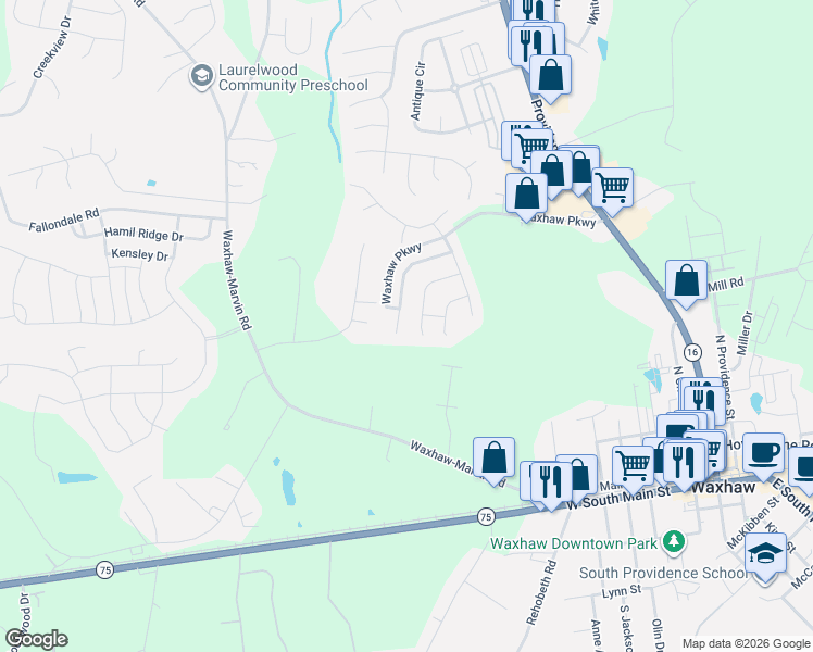 map of restaurants, bars, coffee shops, grocery stores, and more near 2005 Beckwith Lane in Waxhaw