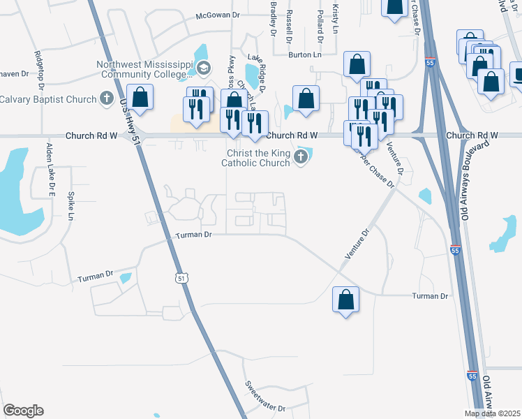 map of restaurants, bars, coffee shops, grocery stores, and more near 4744 West East Ross Parkway in Southaven