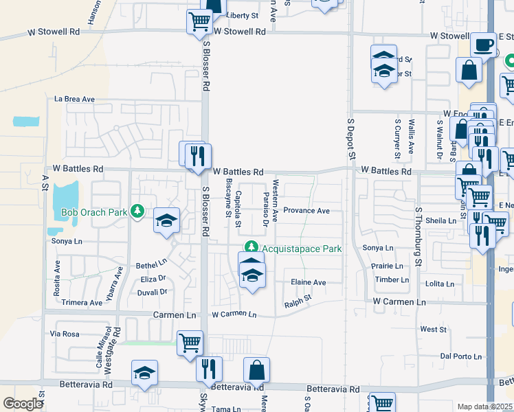 map of restaurants, bars, coffee shops, grocery stores, and more near 1654 Belmont Court in Santa Maria