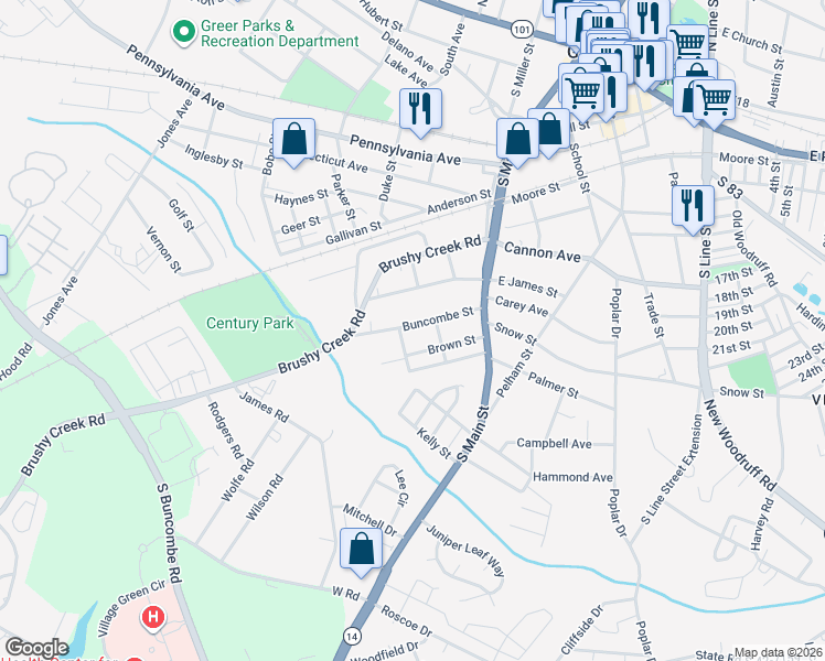 map of restaurants, bars, coffee shops, grocery stores, and more near 309 West James Street in Greer