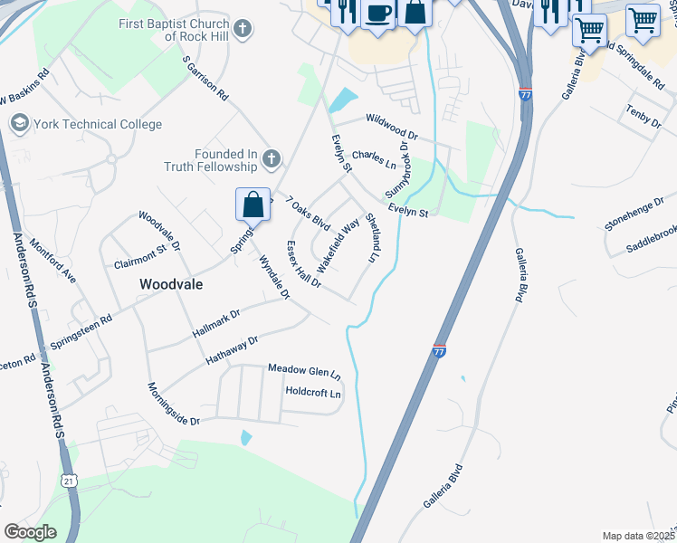 map of restaurants, bars, coffee shops, grocery stores, and more near 1637 Beacon Hill Court in Rock Hill