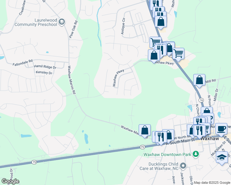 map of restaurants, bars, coffee shops, grocery stores, and more near 1909 Dunsmore Lane in Waxhaw