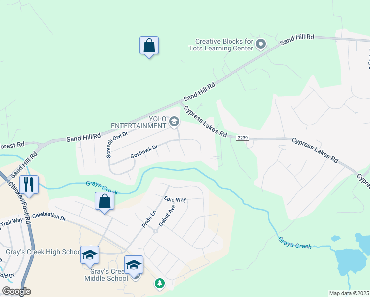 map of restaurants, bars, coffee shops, grocery stores, and more near 1217 Screech Owl Drive in Hope Mills