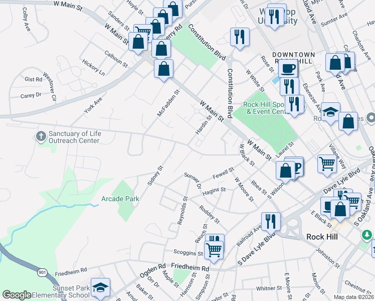 map of restaurants, bars, coffee shops, grocery stores, and more near 175 Hardin Street in Rock Hill