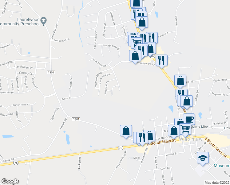 map of restaurants, bars, coffee shops, grocery stores, and more near 1912 Chadwell Court in Waxhaw