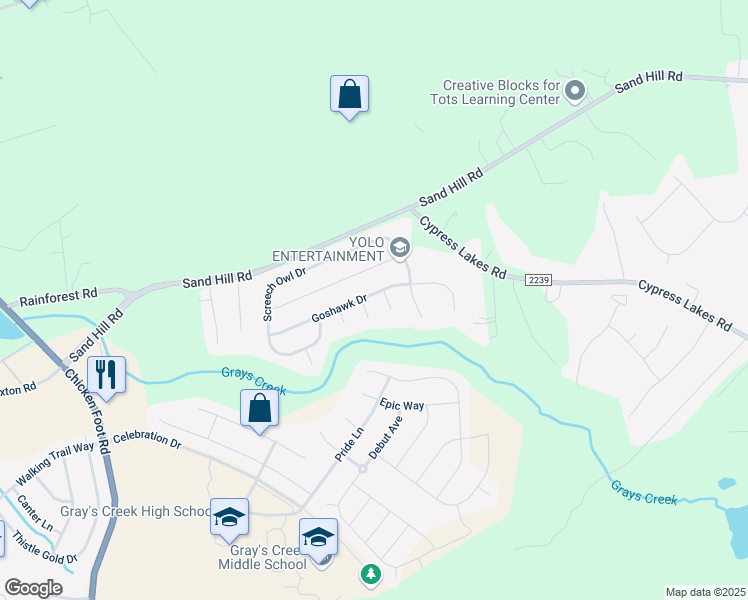 map of restaurants, bars, coffee shops, grocery stores, and more near 5227 Goshawk Drive in Hope Mills