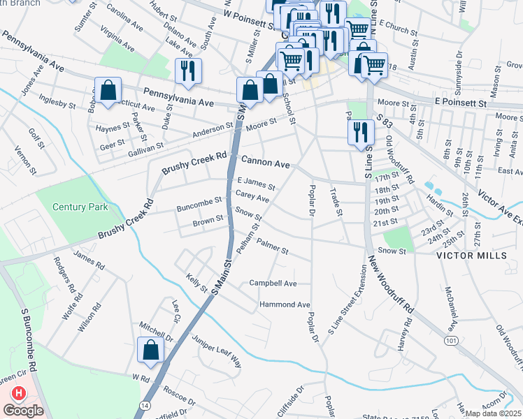 map of restaurants, bars, coffee shops, grocery stores, and more near 316 Pelham Street in Greer