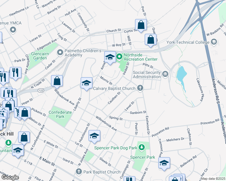 map of restaurants, bars, coffee shops, grocery stores, and more near 846 Iredell Street in Rock Hill