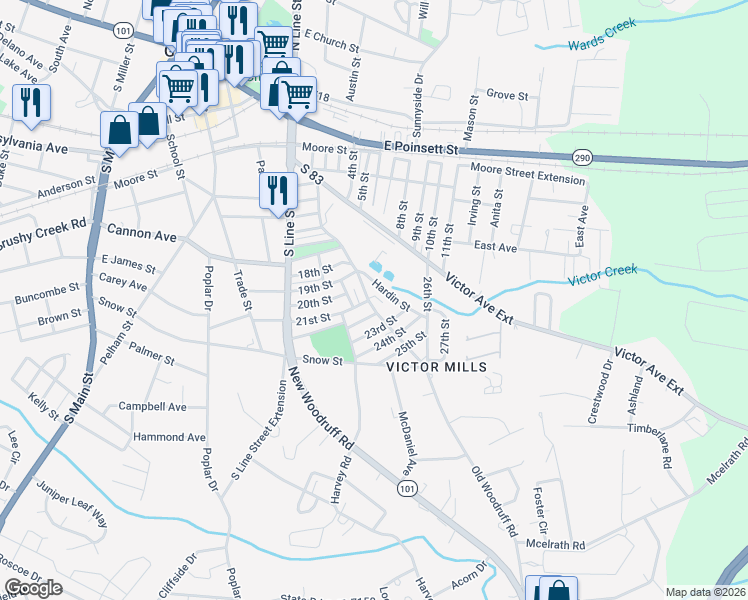 map of restaurants, bars, coffee shops, grocery stores, and more near 53 South 577 in Greer