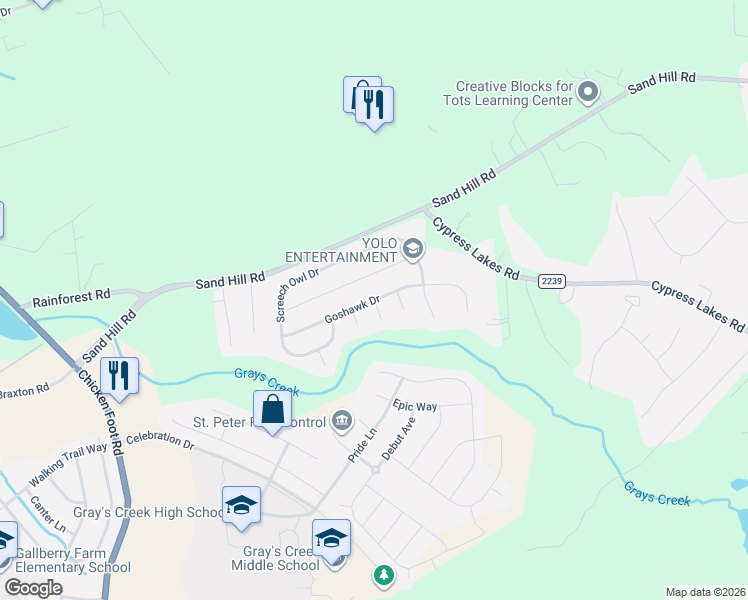 map of restaurants, bars, coffee shops, grocery stores, and more near Goshawk Drive in Hope Mills