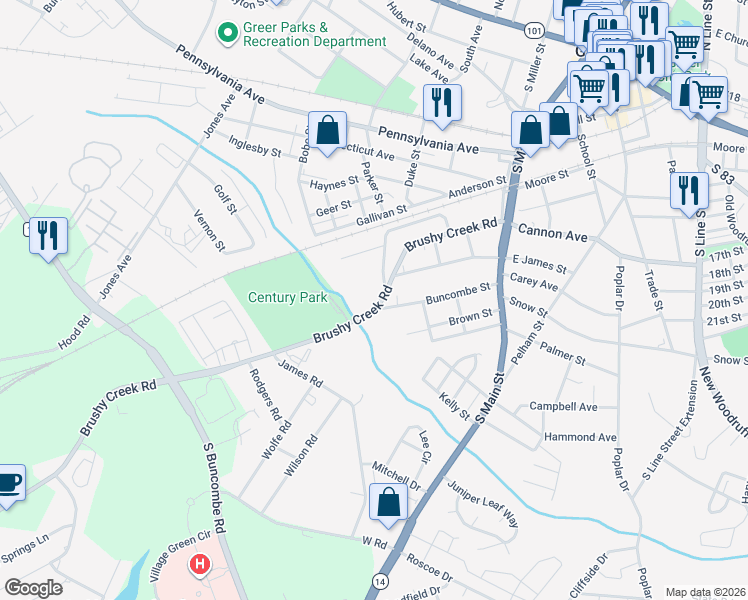 map of restaurants, bars, coffee shops, grocery stores, and more near 302 Brushy Creek Road in Taylors