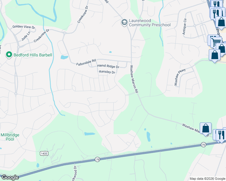 map of restaurants, bars, coffee shops, grocery stores, and more near 1061 Delridge Street in Waxhaw