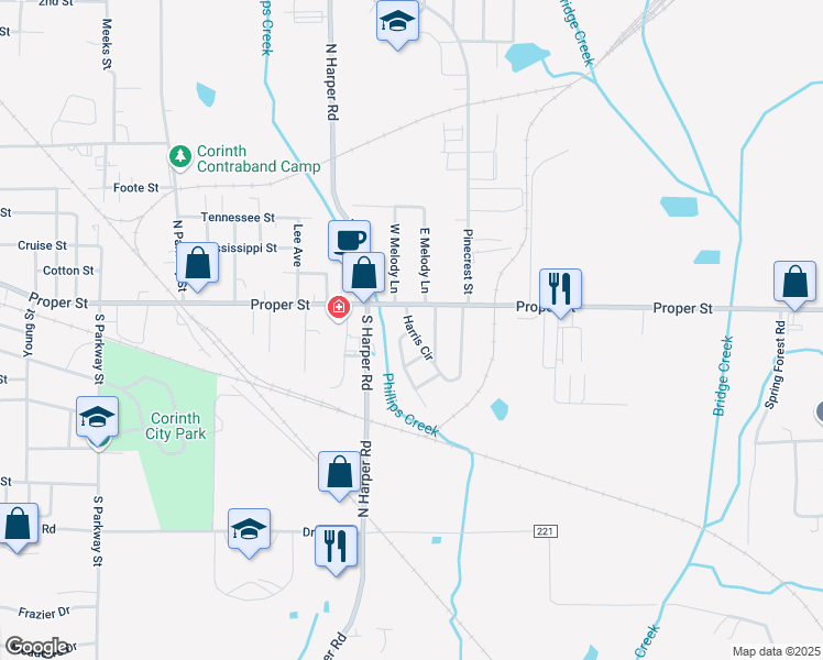 map of restaurants, bars, coffee shops, grocery stores, and more near 460 Harris Circle in Corinth