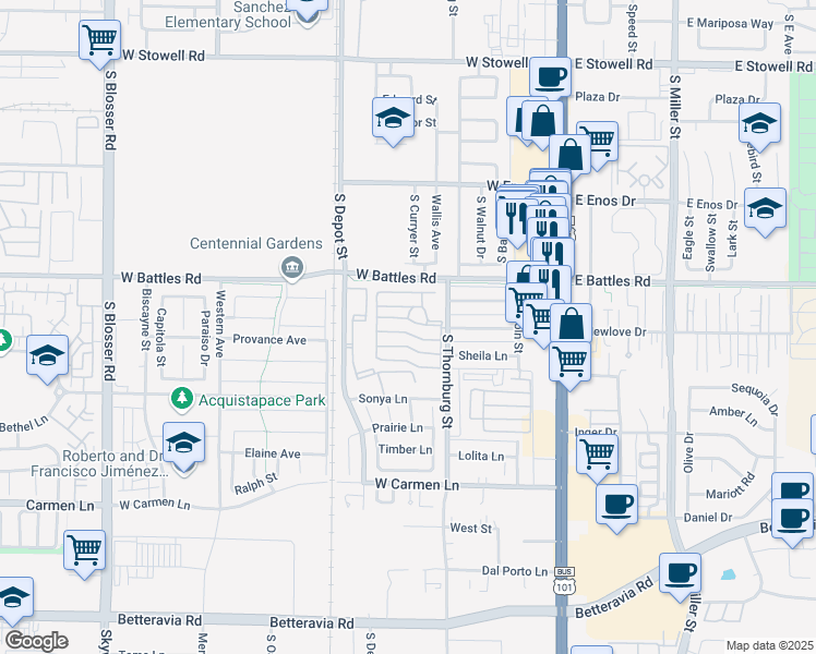 map of restaurants, bars, coffee shops, grocery stores, and more near 61 South Thornburg Street in Santa Maria