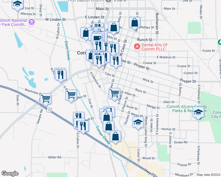 map of restaurants, bars, coffee shops, grocery stores, and more near 304 South Cass Street in Corinth