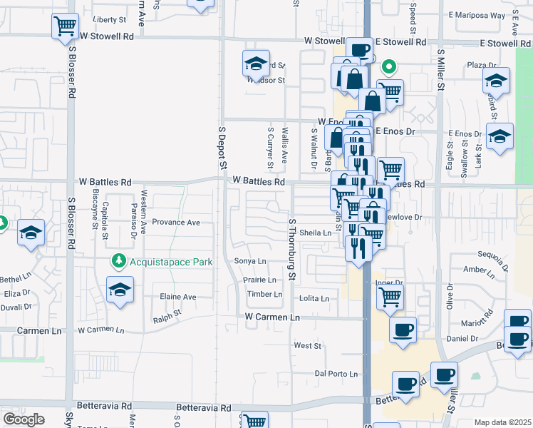 map of restaurants, bars, coffee shops, grocery stores, and more near 1701 South Thornburg Street in Santa Maria