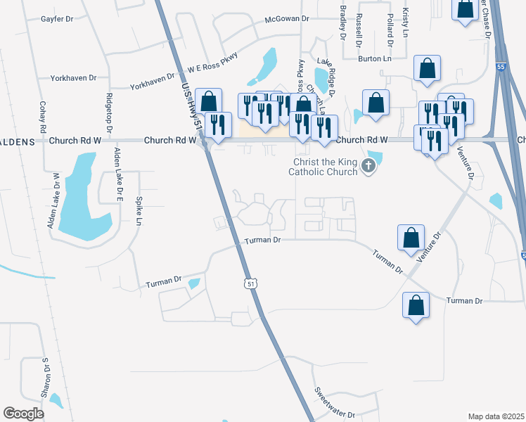 map of restaurants, bars, coffee shops, grocery stores, and more near 4740 U.S. 51 in Southaven
