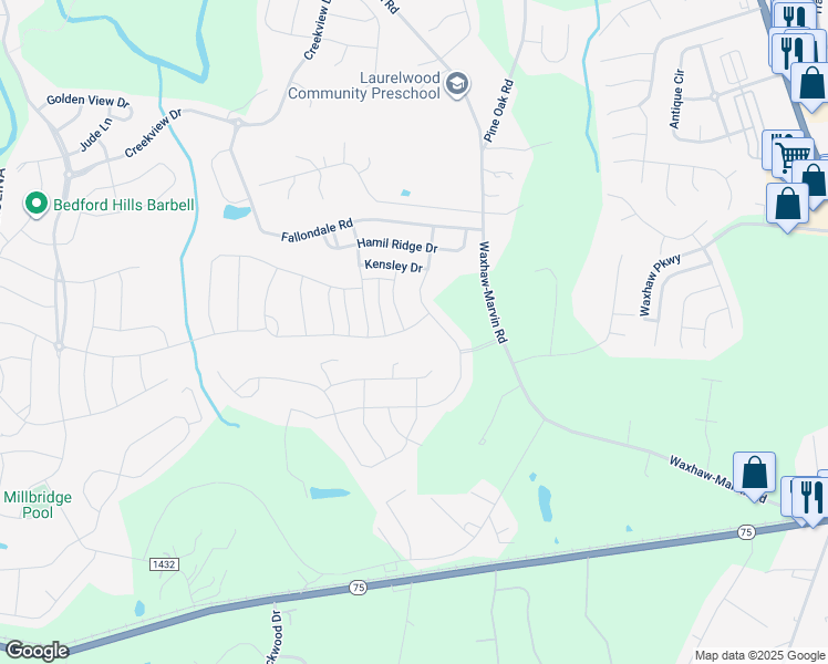 map of restaurants, bars, coffee shops, grocery stores, and more near 1061 Delridge Street in Waxhaw