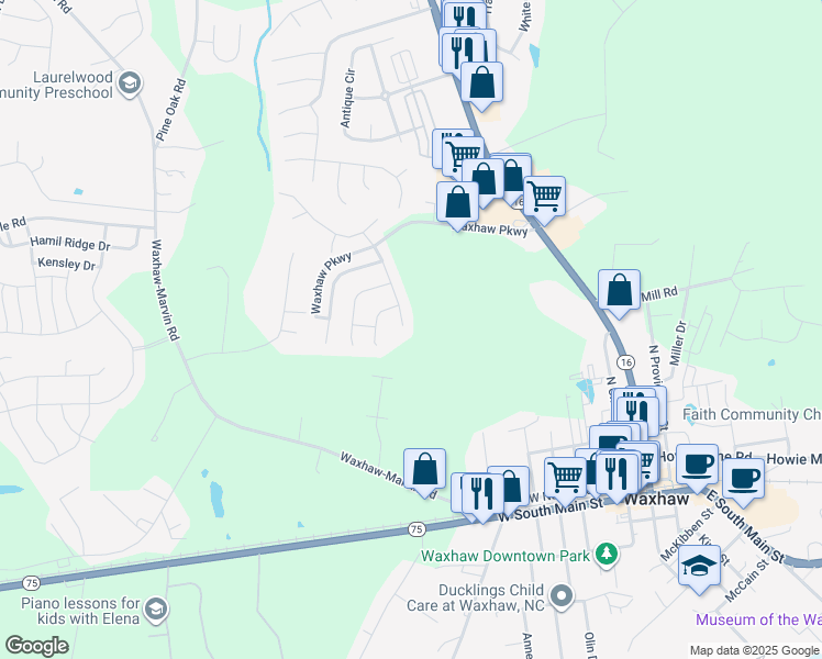 map of restaurants, bars, coffee shops, grocery stores, and more near 1912 Harrison Park Drive in Waxhaw