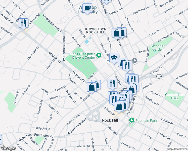 map of restaurants, bars, coffee shops, grocery stores, and more near 142 Laurel Street in Rock Hill