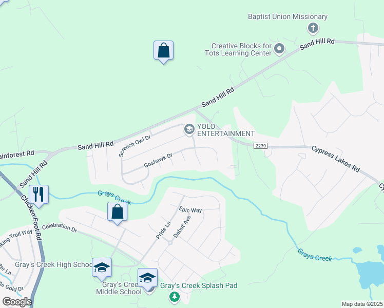 map of restaurants, bars, coffee shops, grocery stores, and more near 1208 Screech Owl Drive in Hope Mills