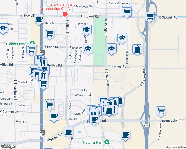 map of restaurants, bars, coffee shops, grocery stores, and more near 685 Newlove Drive in Santa Maria