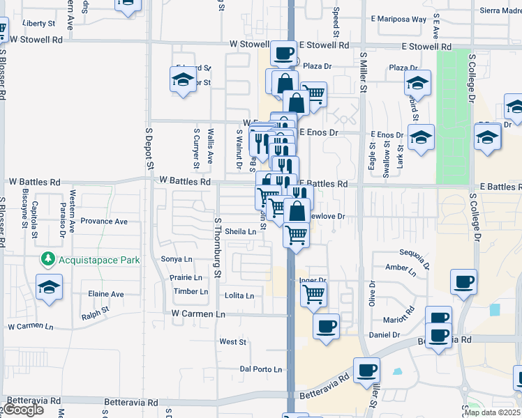 map of restaurants, bars, coffee shops, grocery stores, and more near 204 Roschelle Lane in Santa Maria