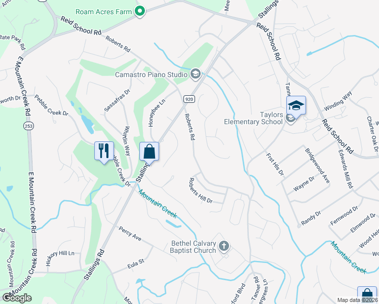 map of restaurants, bars, coffee shops, grocery stores, and more near 416 Roberts Road in Taylors