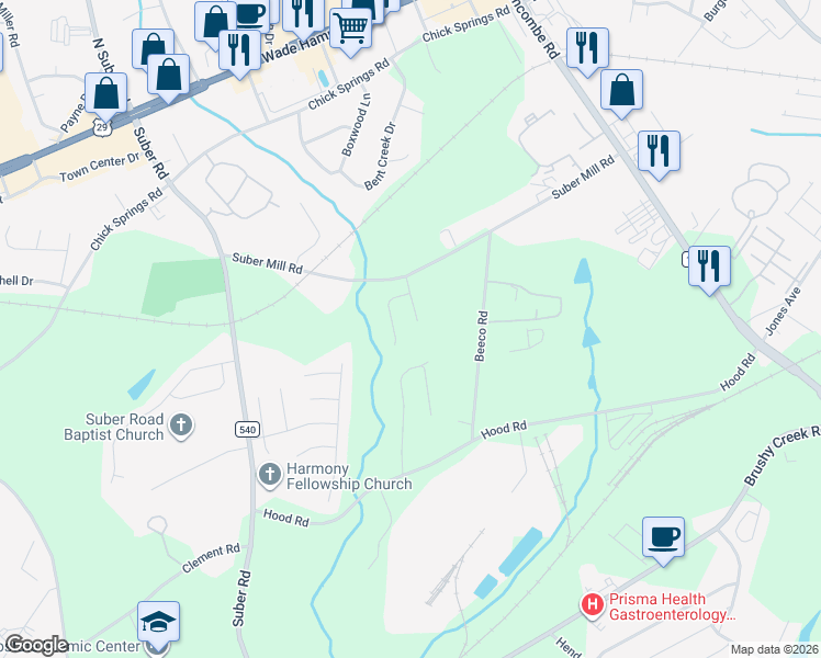 map of restaurants, bars, coffee shops, grocery stores, and more near 108 Ramshackle Way in Greer