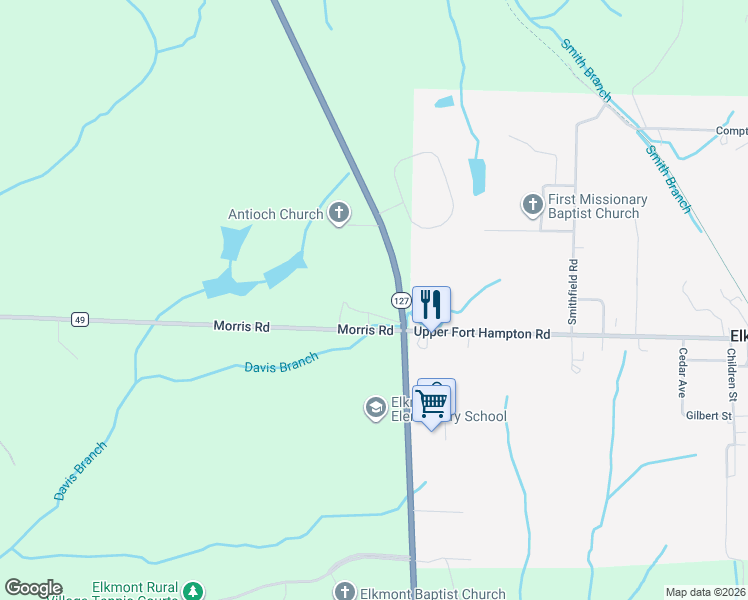 map of restaurants, bars, coffee shops, grocery stores, and more near 25577 Alabama 127 in Elkmont