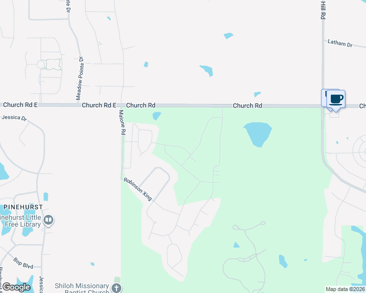 map of restaurants, bars, coffee shops, grocery stores, and more near Pinland Park in Olive Branch