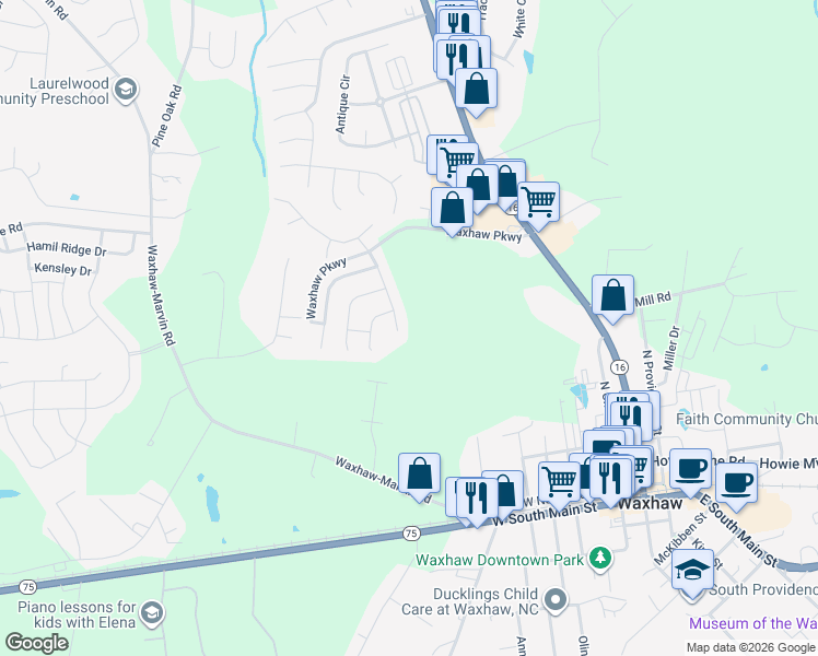 map of restaurants, bars, coffee shops, grocery stores, and more near 1906 Harrison Park Drive in Waxhaw