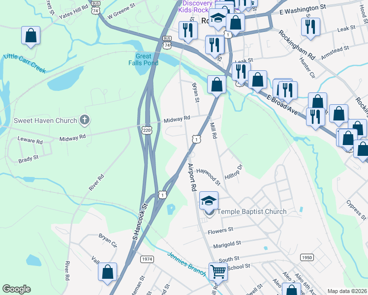 map of restaurants, bars, coffee shops, grocery stores, and more near 526 South Caroline Street in Rockingham