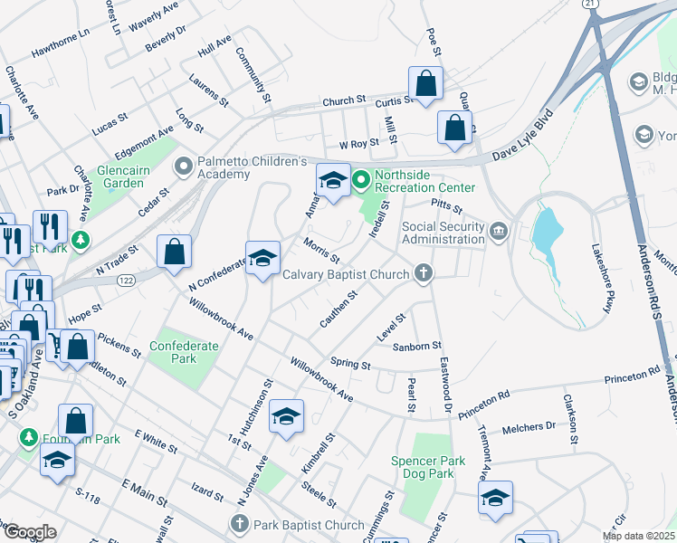 map of restaurants, bars, coffee shops, grocery stores, and more near 844 Iredell Street in Rock Hill