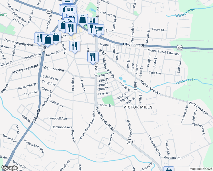 map of restaurants, bars, coffee shops, grocery stores, and more near 13 19th Street in Greer
