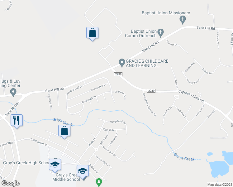 map of restaurants, bars, coffee shops, grocery stores, and more near 5147 Goshawk Drive in Hope Mills