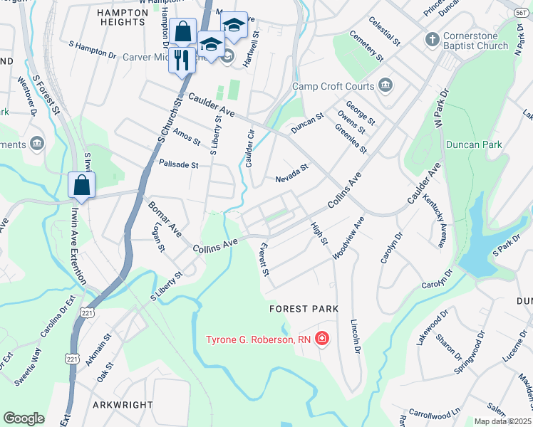 map of restaurants, bars, coffee shops, grocery stores, and more near 641 Charlie Mae Campbell Lane in Spartanburg