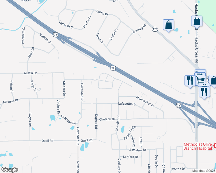 map of restaurants, bars, coffee shops, grocery stores, and more near 4745 Chatelet Drive in Olive Branch