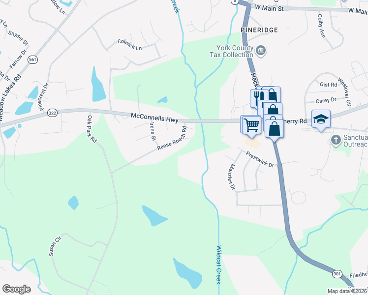 map of restaurants, bars, coffee shops, grocery stores, and more near 1257 Reese Roach Road in Rock Hill