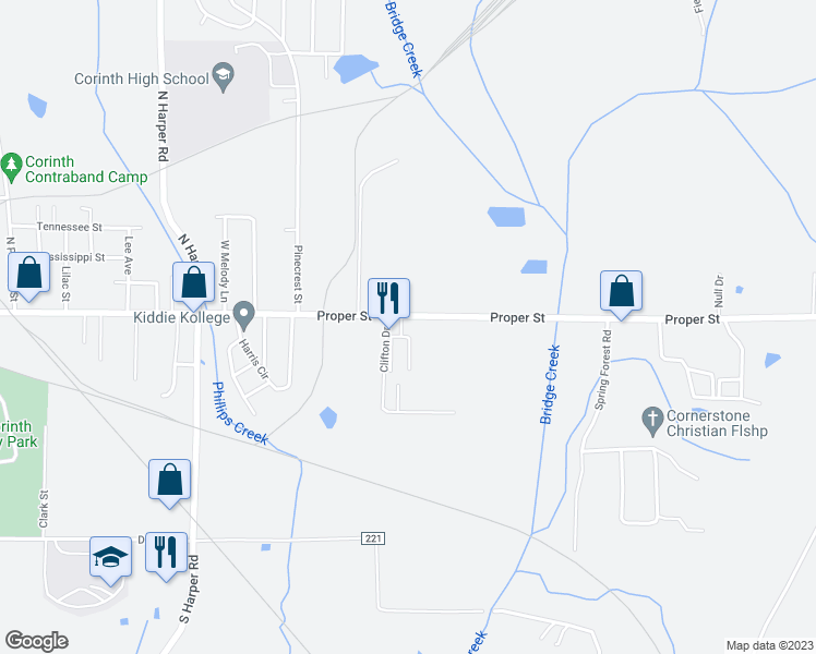 map of restaurants, bars, coffee shops, grocery stores, and more near 3200 Proper Street in Corinth