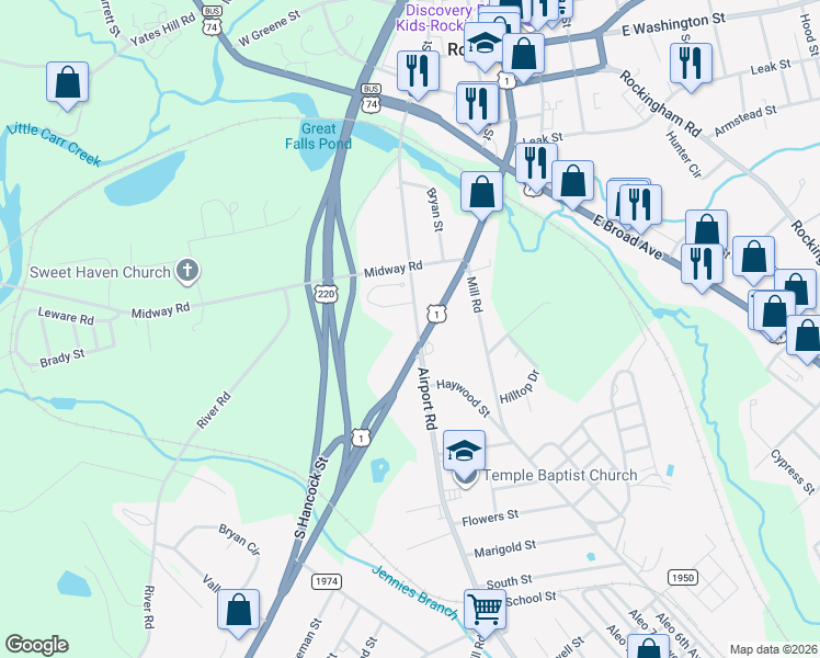 map of restaurants, bars, coffee shops, grocery stores, and more near 526 South Caroline Street in Rockingham