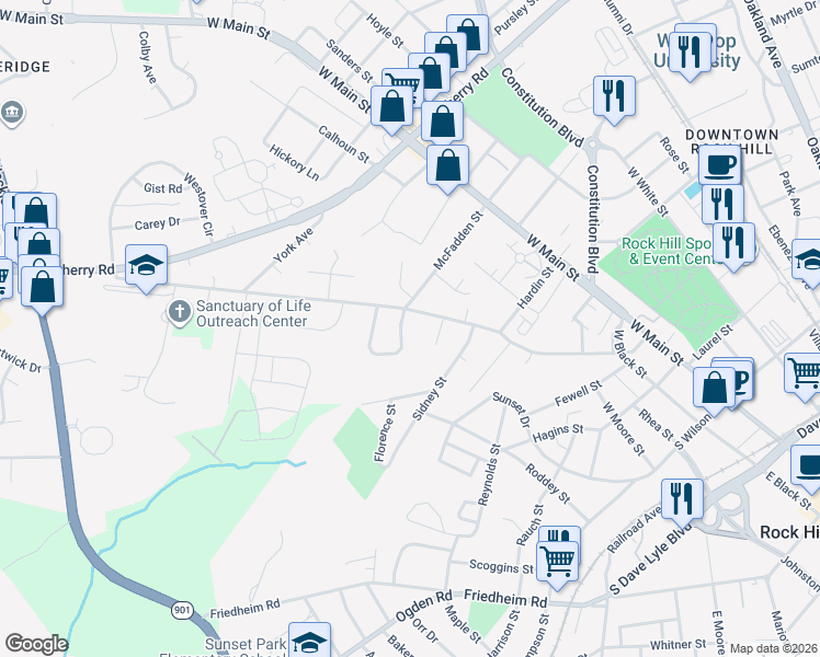 map of restaurants, bars, coffee shops, grocery stores, and more near 803 Finley Court in Rock Hill