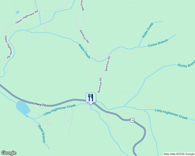 map of restaurants, bars, coffee shops, grocery stores, and more near Barefoot Road in Hiawassee
