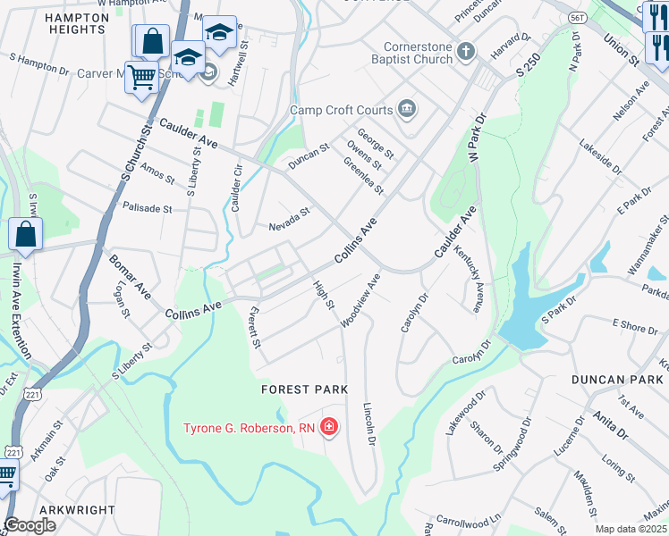 map of restaurants, bars, coffee shops, grocery stores, and more near 211 Collins Avenue in Spartanburg