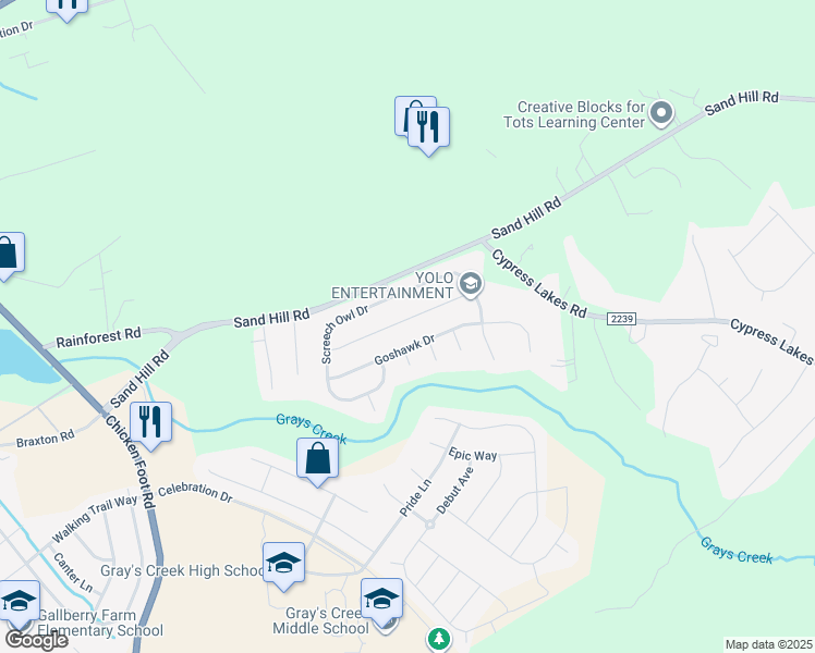 map of restaurants, bars, coffee shops, grocery stores, and more near 5251 Woodpecker Drive in Hope Mills