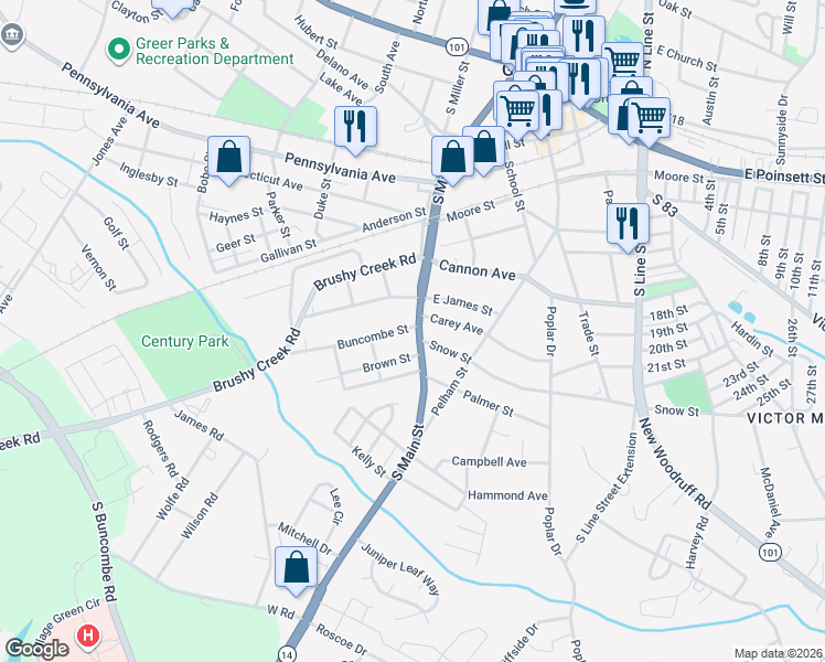 map of restaurants, bars, coffee shops, grocery stores, and more near 600 South Main Street in Greer