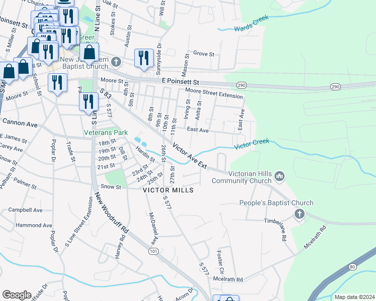 map of restaurants, bars, coffee shops, grocery stores, and more near 111 Victor Avenue in Greer